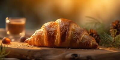 ai genererad. ai generativ. färsk bakad gyllene gott traditionell croissant. grafisk konst foto