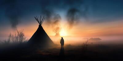 ai genererad. ai generativ. inföding amerikan Västra camping indisk tält wigwam. ensam dimma dimma mystiker morgon- vibe. grafisk konst foto