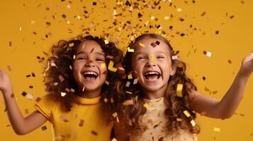 Lycklig flickor med konfetti. illustration ai generativ foto