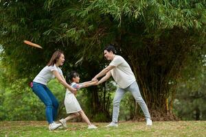 ung asiatisk familj i de parkera foto