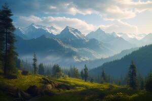 Foto fantasi berg landskap med skog generativ ai