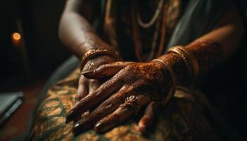 inhemsk elegans indisk armband, guld, henna tatuering prydnad genererad förbi ai foto