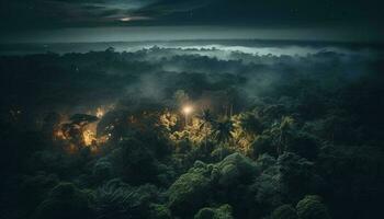 mysterium skog upplyst förbi månsken och dimma genererad förbi ai foto