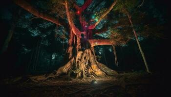läskigt skog på natt, mysterium omger landskap genererad förbi ai foto