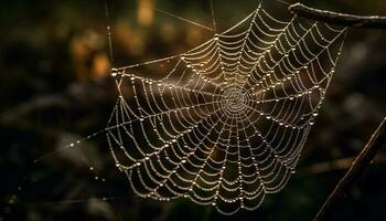 Spindel snurrar daggig webb, natur läskigt fälla genererad förbi ai foto