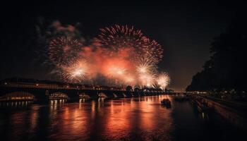 explosiv färger antända stad horisont på natt genererad förbi ai foto