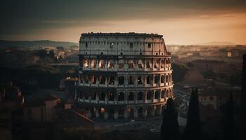 solnedgång tänds gammal italiensk ruiner i panorama- se genererad förbi ai foto