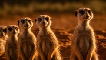 små meerkats stående i en rad, ser varna genererad förbi ai foto