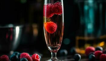 uppfriskande cocktail med hallon och jordgubb garnering genererad förbi ai foto