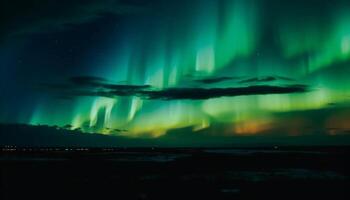 majestätisk berg räckvidd upplyst förbi starry natt himmel generativ ai foto