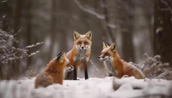 röd räv valp tittar på snö i vildmark generativ ai foto