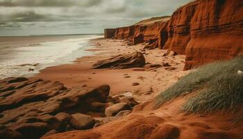 majestätisk sandsten klippa, lugn vattnen kant skönhet generativ ai foto