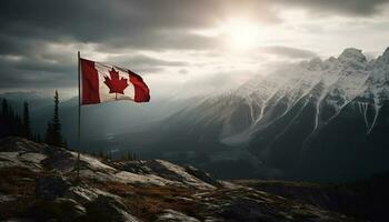 majestätisk berg räckvidd, lugn scen, kanadensisk flagga generativ ai foto