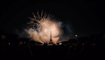 fyrverkeri exploderar, belysande stad horisont på natt genererad förbi ai foto