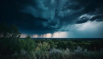 läskigt skog, lynnig himmel, elektricitet strejker träd generativ ai foto