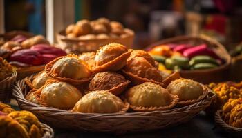 överflöd av färsk, hemlagad gourmet desserter och snacks generativ ai foto