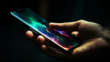 hand innehav smart telefon, skriver text meddelande generativ ai foto