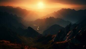 majestätisk berg topp, tillbaka belyst på solnedgång generativ ai foto