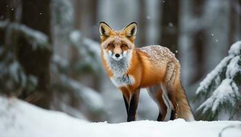 röd räv i vinter- skog, varna och tittar på generativ ai foto