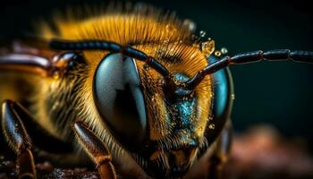 små bi samlar pollen på gul blomma generativ ai foto