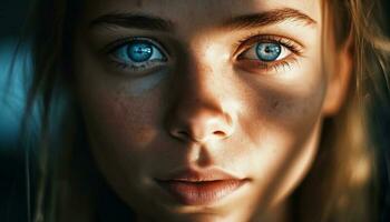 söt caucasian flicka med blå ögon leende utomhus genererad förbi ai foto