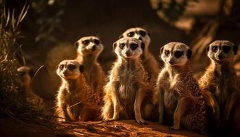 små grupp av meerkats Sammanträde alert utomhus genererad förbi ai foto