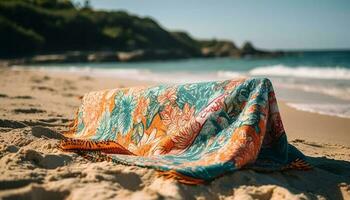 solbad på sand, handduk, avslappning, och värme genererad förbi ai foto