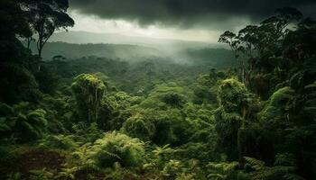 grön träd, dimma, och berg räckvidd bakgrund genererad förbi ai foto