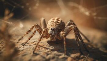 läskigt arachnid kryper på hårig blad genererad förbi ai foto