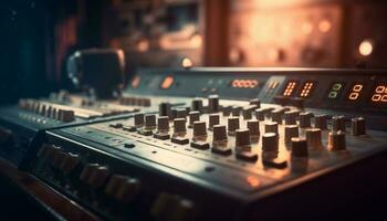 elektricitet tänds ljud mixer knopp i inspelning studio genererad förbi ai foto
