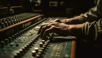 expert- musiker justeras ljud mixer i inspelning studio genererad förbi ai foto