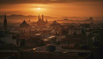 solnedgång tänds stad horisont, gammal minareter silhuett genererad förbi ai foto