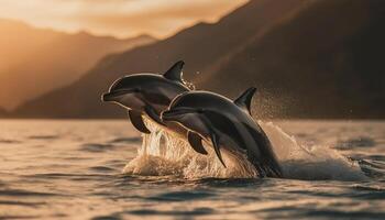 lekfull delfin Hoppar i de solnedgång spray genererad förbi ai foto