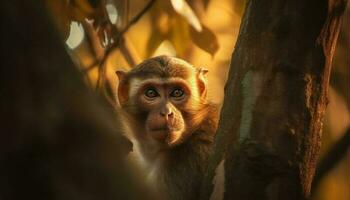 söt ung makak Sammanträde på träd gren genererad förbi ai foto