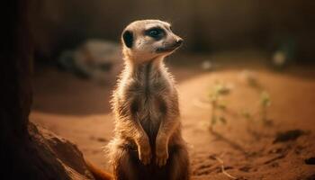 små meerkat Sammanträde varna, tittar på vilda djur och växter i afrika genererad förbi ai foto