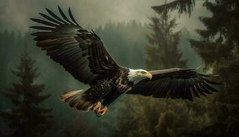 majestätisk skallig Örn sprider sig vingar i flyg genererad förbi ai foto