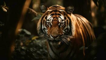 majestätisk bengal tiger stirrande med intensiv ögon genererad förbi ai foto