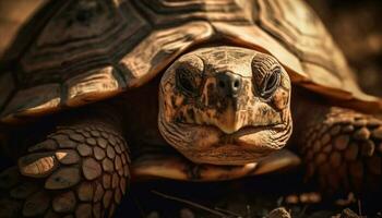 långsam jätte sköldpadda krypande i afrikansk öken- genererad förbi ai foto