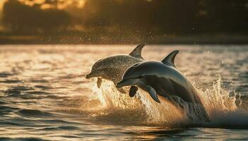 lekfull delfin Hoppar i de blå hav genererad förbi ai foto