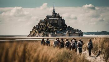 grupp av turister stående, ser på solnedgång genererad förbi ai foto