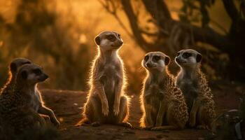 små meerkats Sammanträde i en rad, alert tittar på genererad förbi ai foto