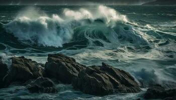 brytning vågor krascha på klippig kustlinje, besprutning skum genererad förbi ai foto
