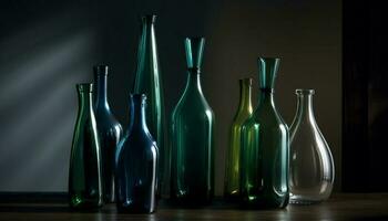 transparent vin flaska på tabell med reflexion genererad förbi ai foto