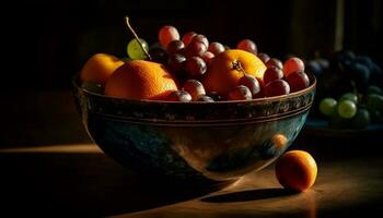 färsk frukt skål på rustik trä tabell genererad förbi ai foto