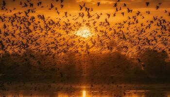 lysande djur- silhuett flygande i vibrerande solnedgång genererad förbi ai foto