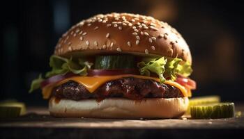 grillad nötkött burger med ost och tomat genererad förbi ai foto