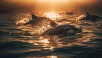 lekfull flaska näsa delfin stänk i lugn hav genererad förbi ai foto