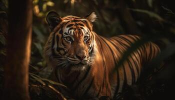 bengal tiger stirrande med aggression i madhya pradesh genererad förbi ai foto