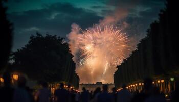 fyrverkeri exploderar, belysande de mörk sommar natt genererad förbi ai foto