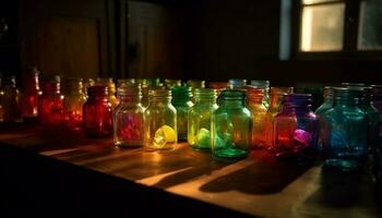 mång färgad medicin flaskor på laboratorium tabell genererad förbi ai foto
